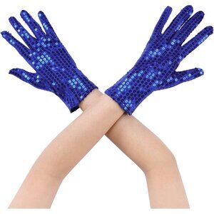 Women's Blue Sparkly Sequin Full Finger Sleeves Wrist Gloves Banquet Party Prom